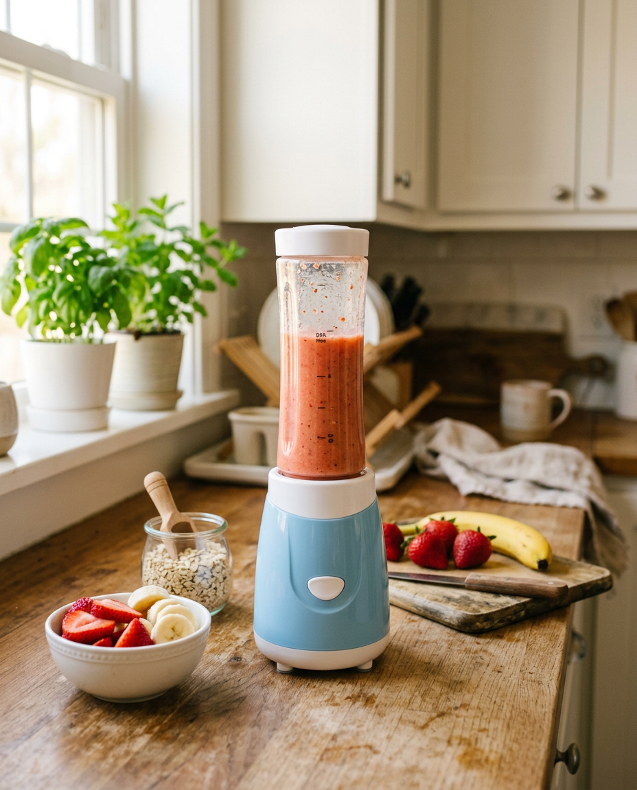 Prenosivi mini blender sa voćnim smutijem na kuhinjskom pultu