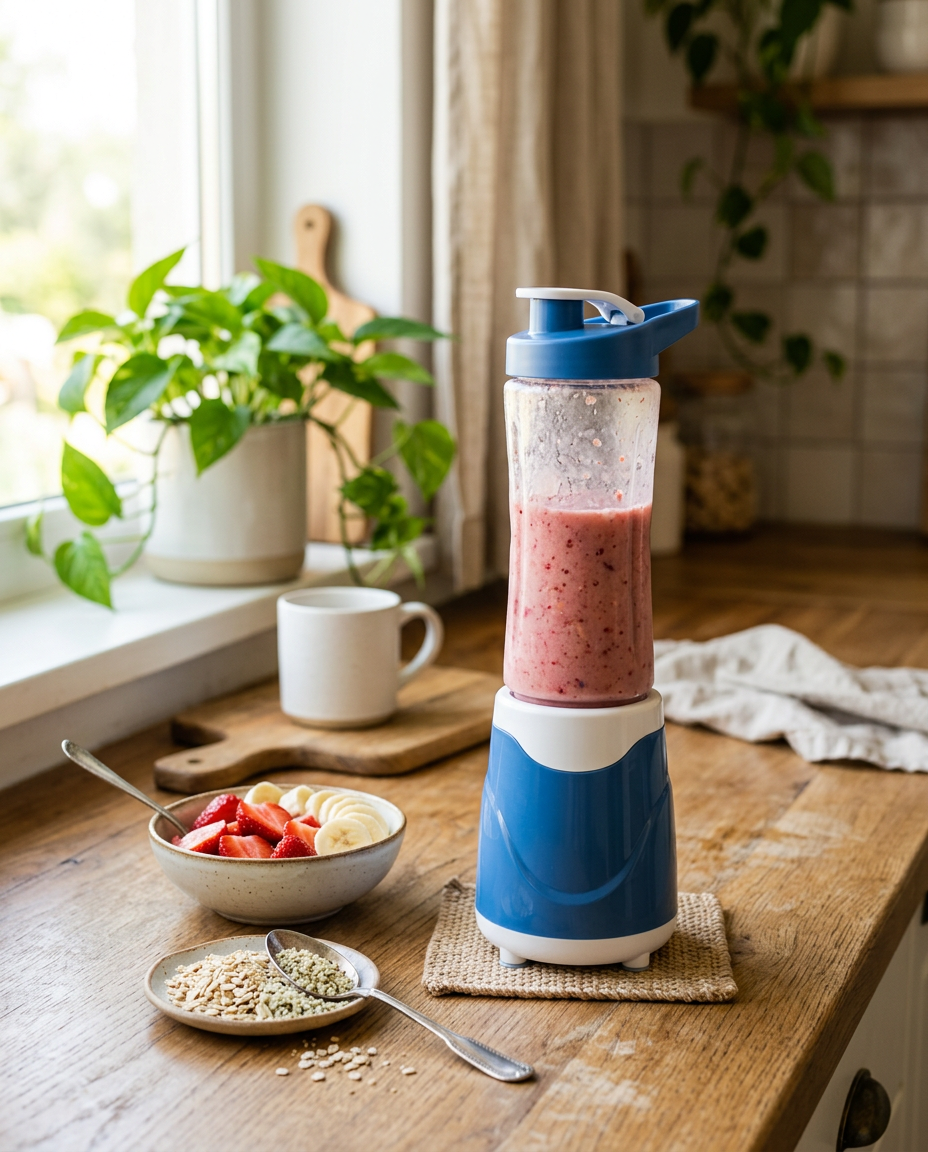 Prenosivi mini blender na jutarnjem svetlu u kuhinji